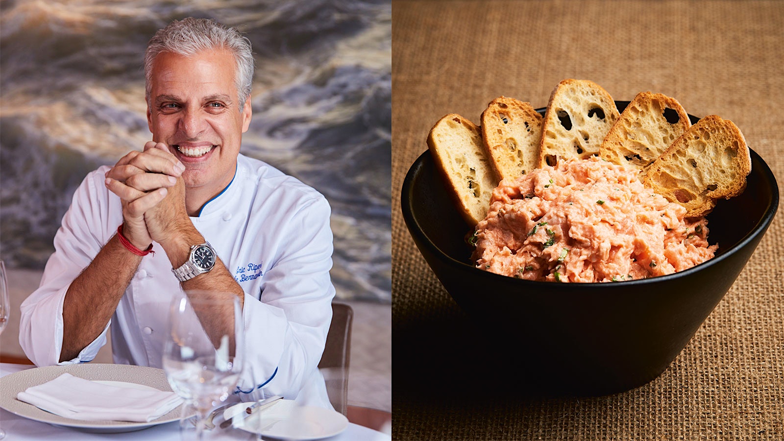 Composite image of chef Eric Ripert next to a bowl of salmon rillettes with baguette slices
